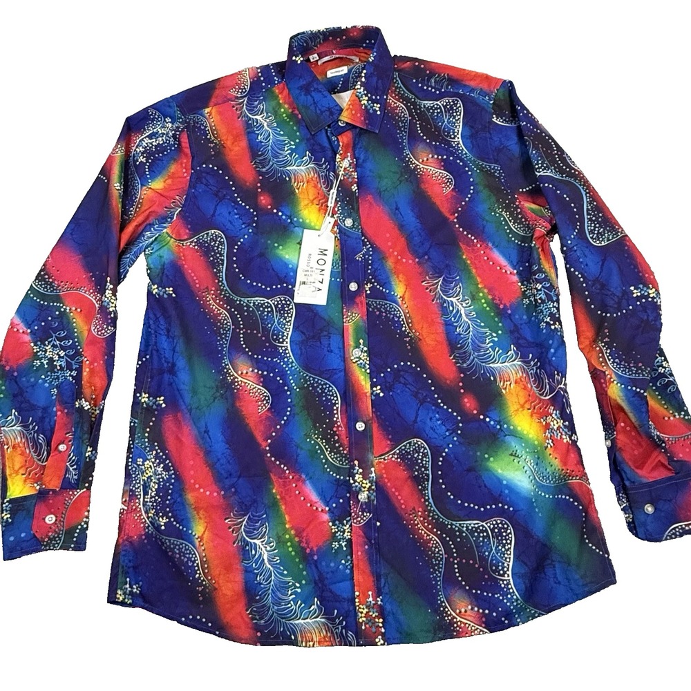 Monza by Rosso‎ Milano Men's Large Tailored Fit Dress Shirt Abstract Psychedelic